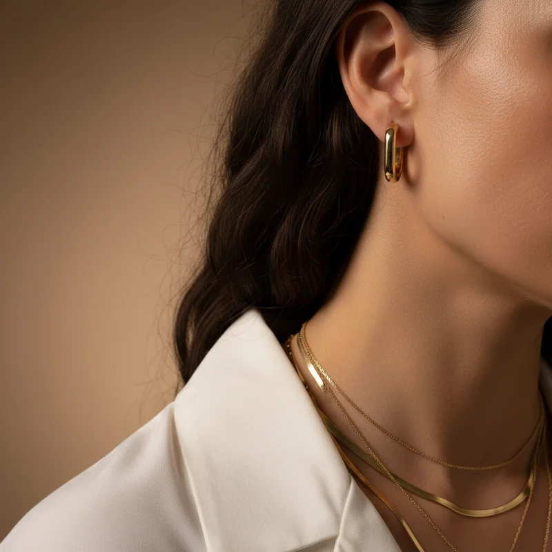 Elegant gold earring on model