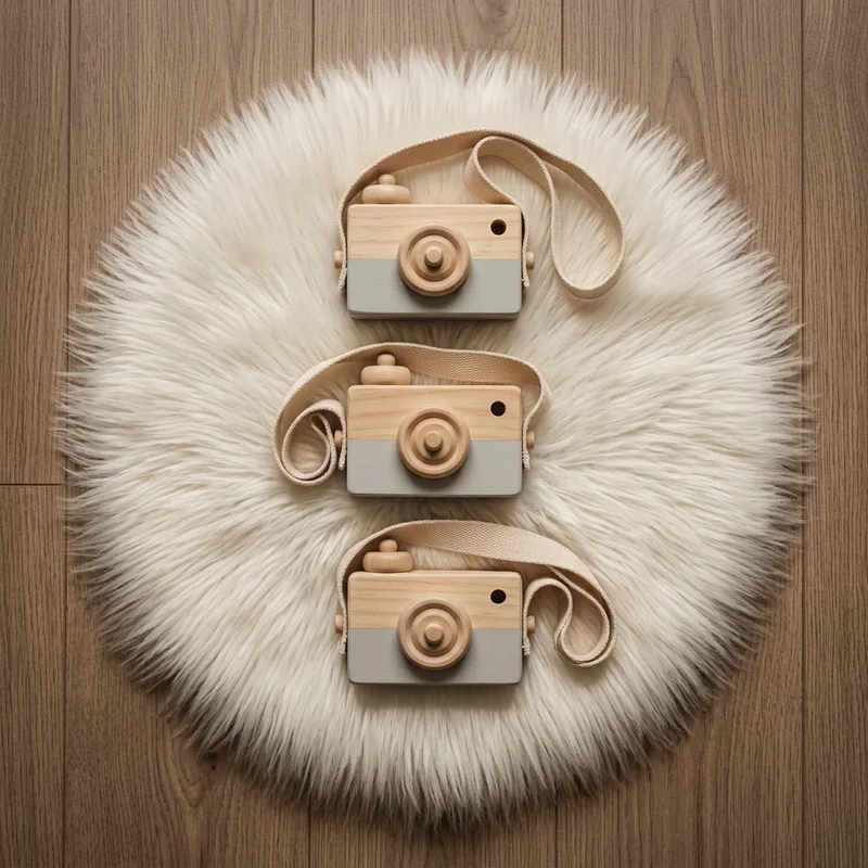 Wooden toy cameras on faux fur