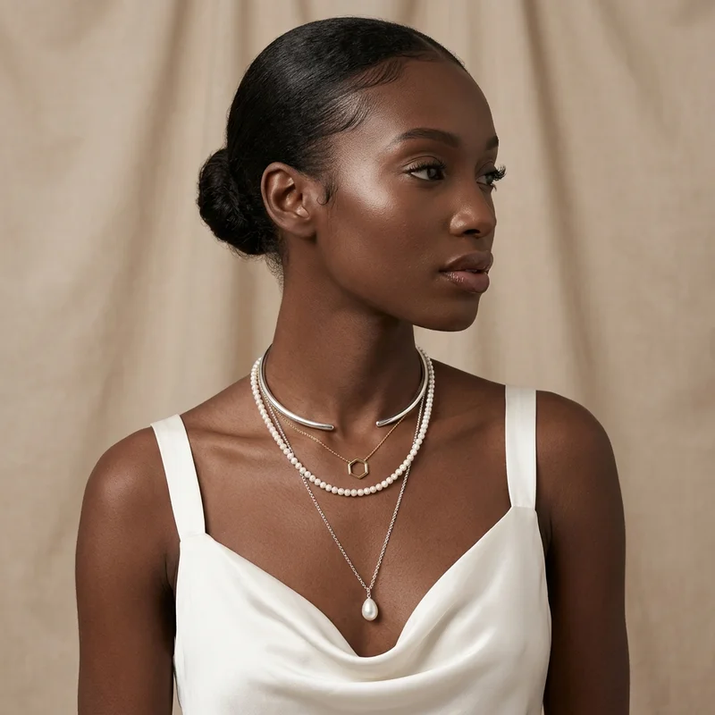 Elegant layered necklaces on model