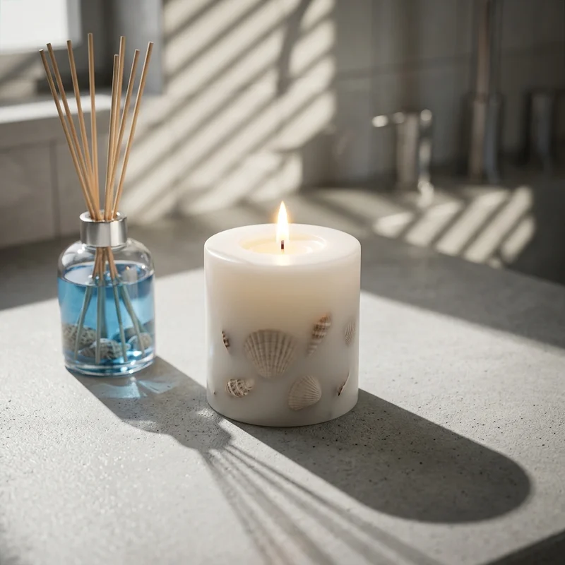 Spa candle and diffuser by window