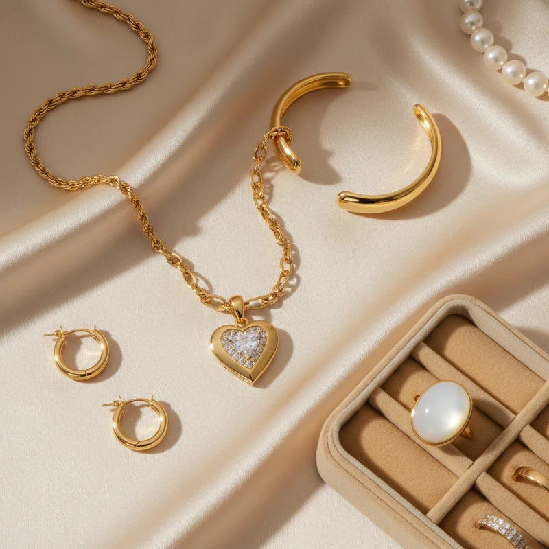 Elegant gold jewelry on satin