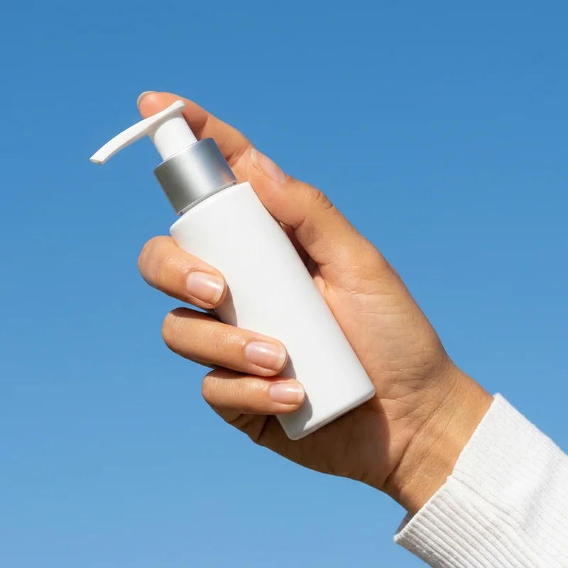 Hand holding pump bottle against sky