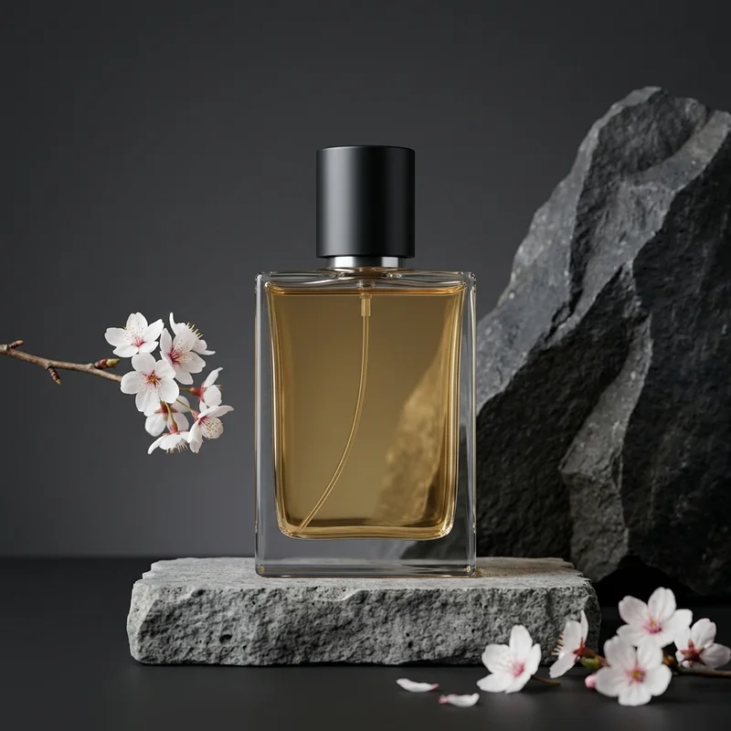 Luxury perfume on stone with sakura