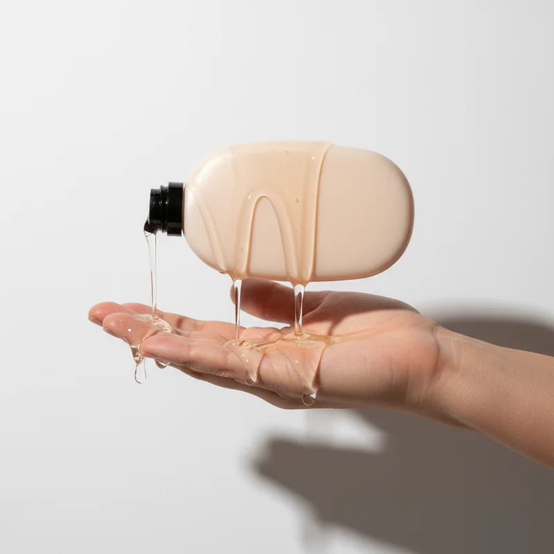 Minimalist hand holding serum bottle