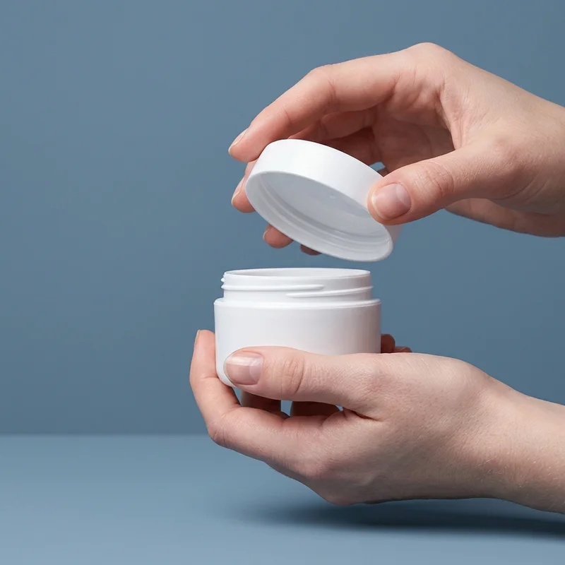 Opening cosmetic jar in hands