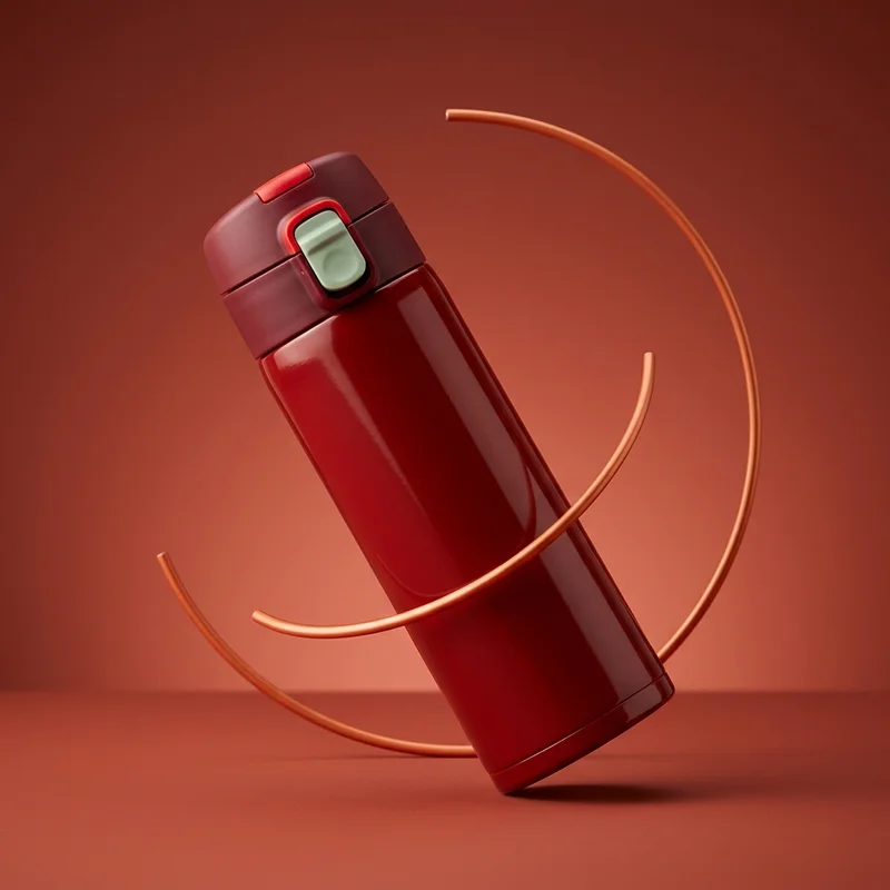 Modern red travel mug on rust
