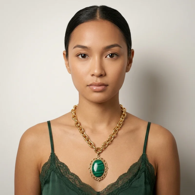 Elegant Malachite and Gold Necklace on Model