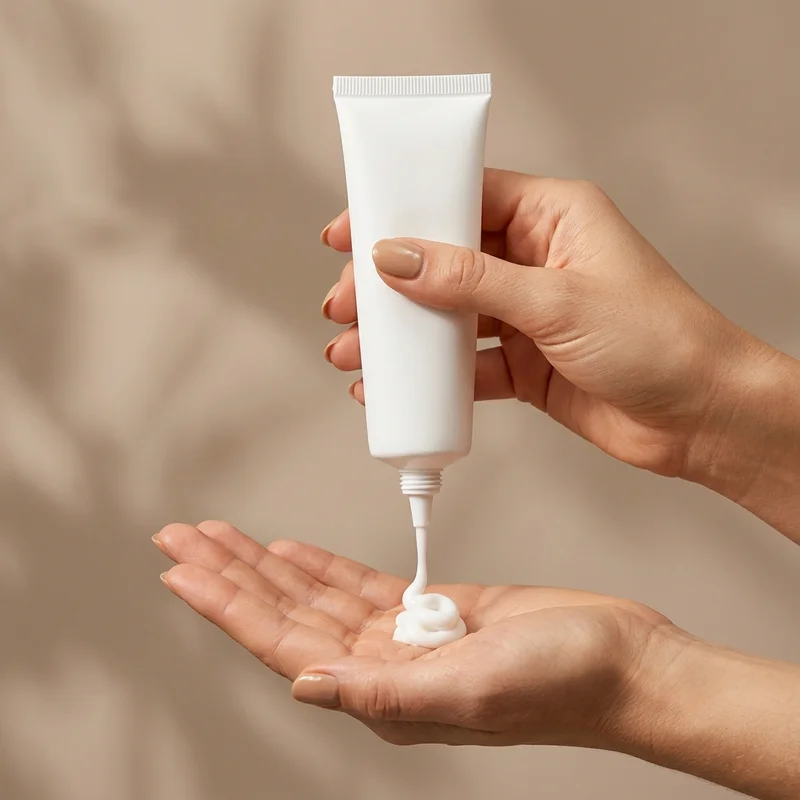 Skincare application on beige