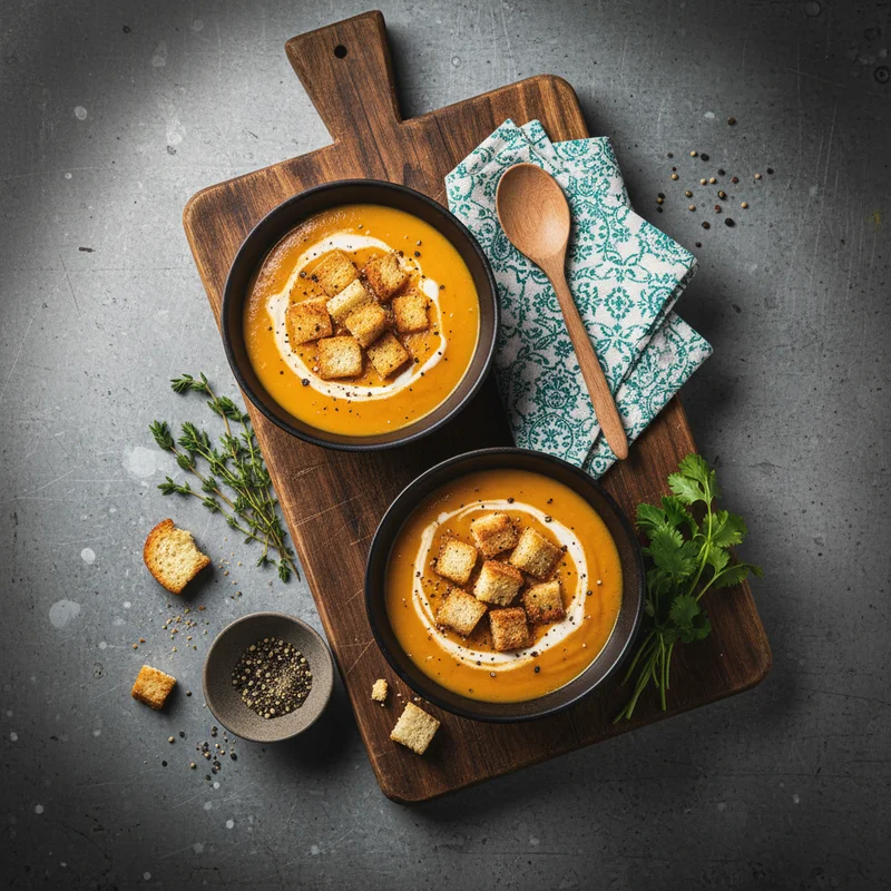 Rustic soup bowls on wood