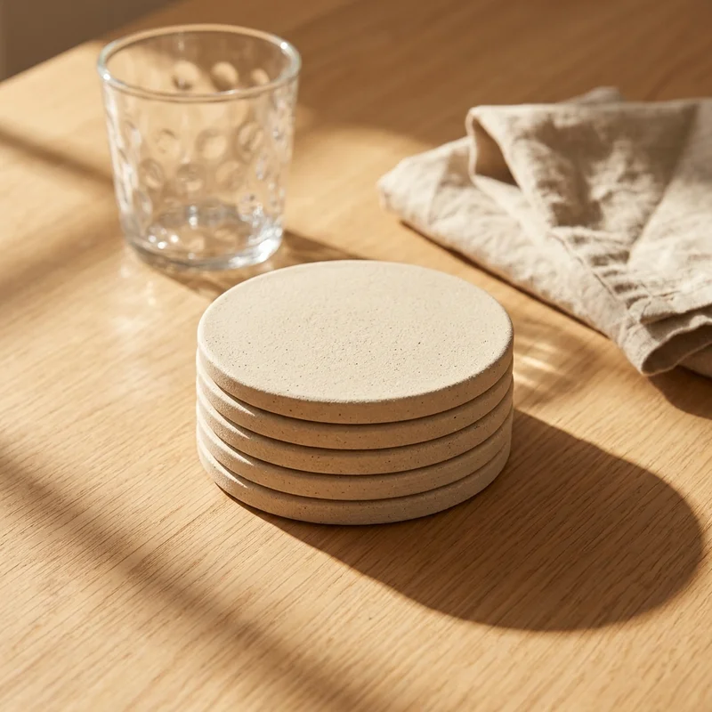 Natural coasters on wooden table