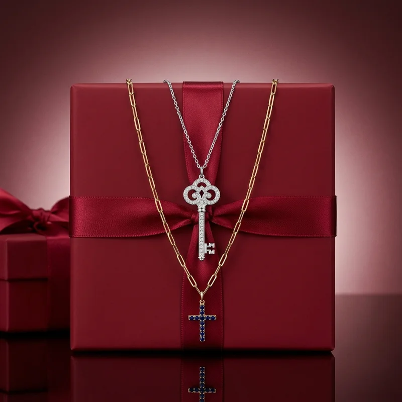 Festive jewelry on red gift box