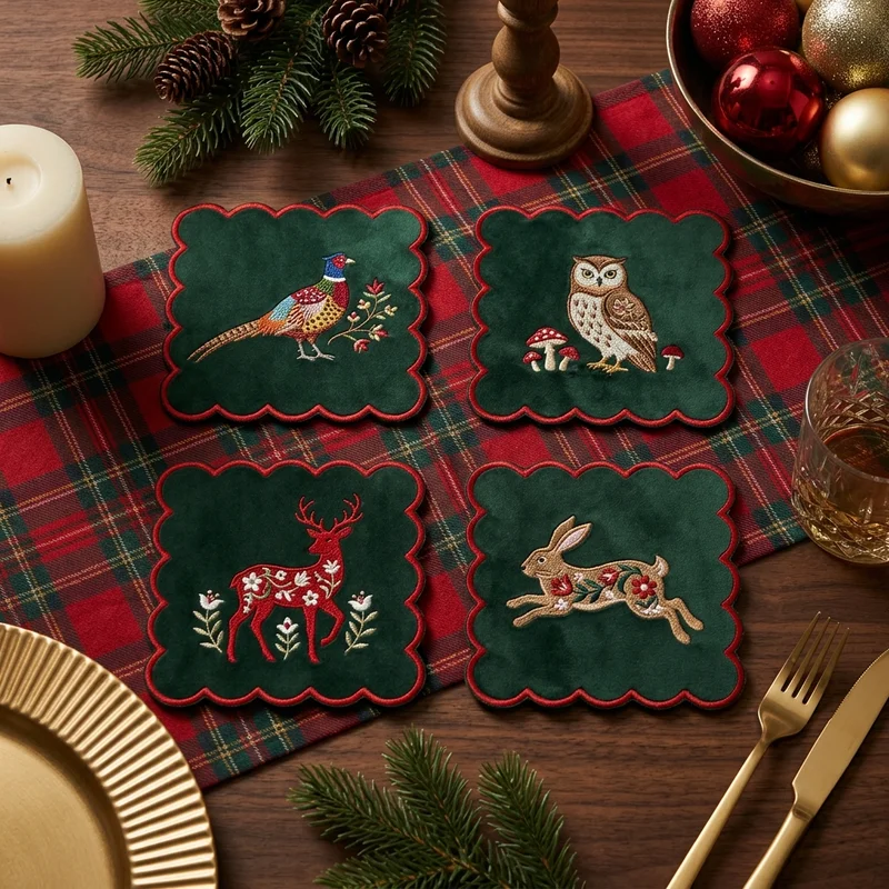 Festive embroidered animal coasters