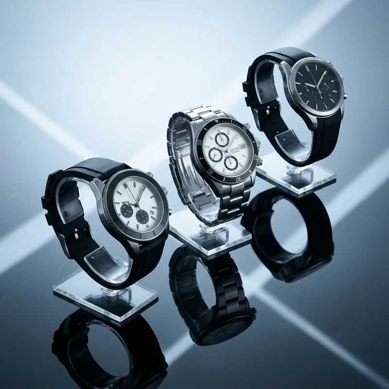 Sleek watch trio on reflective blue