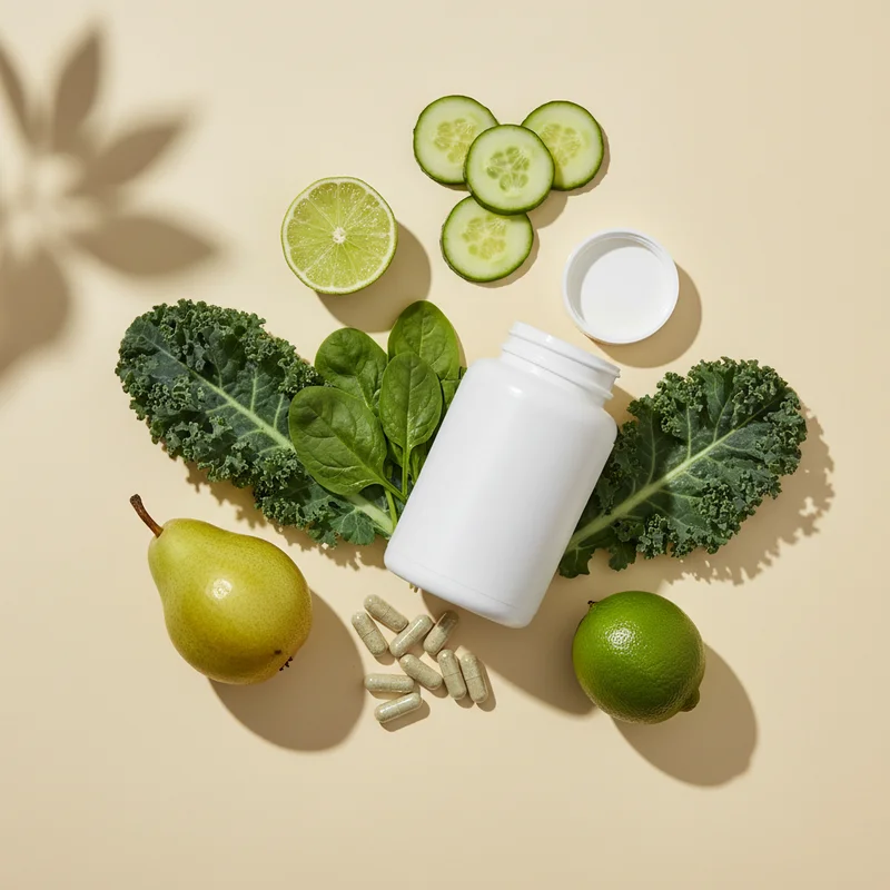 Fresh greens supplement flat lay