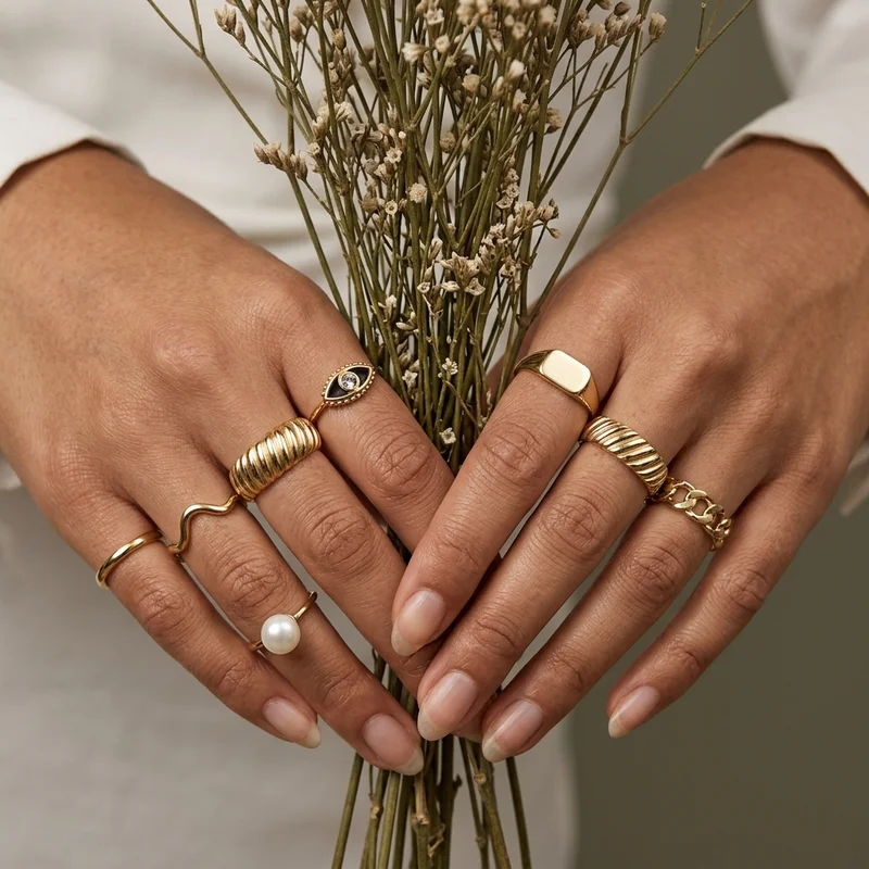 Stacked gold rings with dried flowers