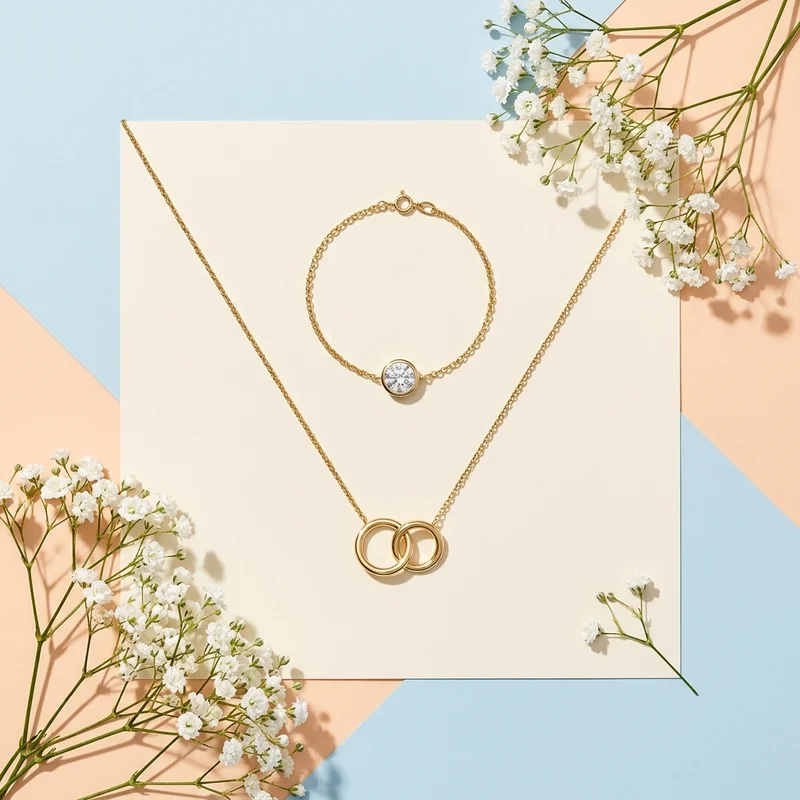Modern gold jewelry flat lay