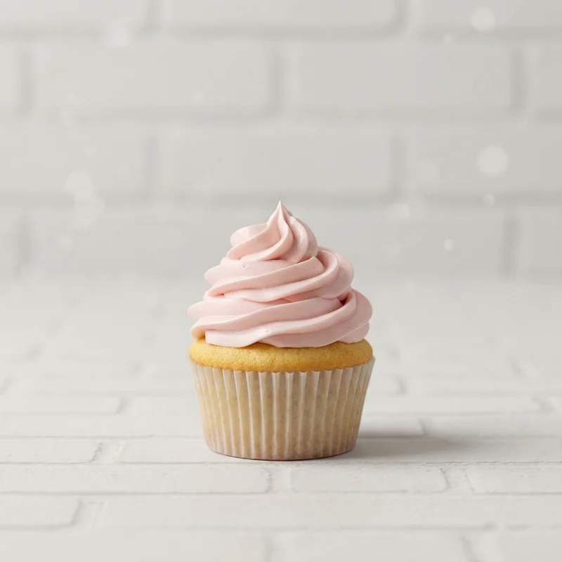 Pink frosted cupcake on white brick