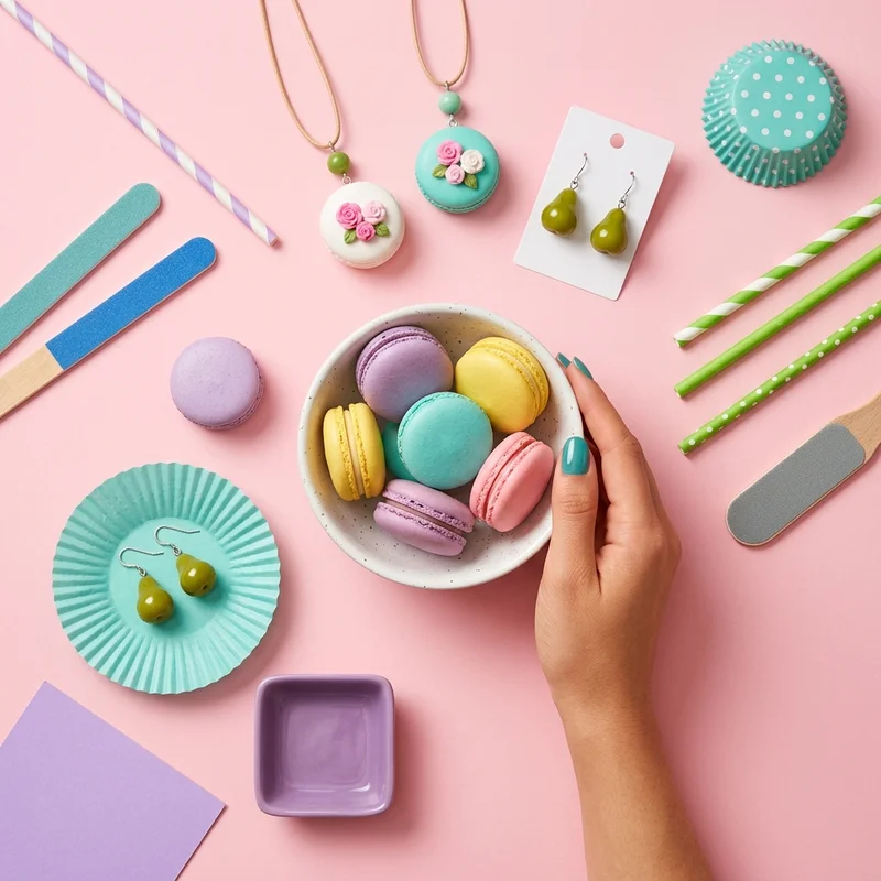 Playful macaron flat-lay with hand