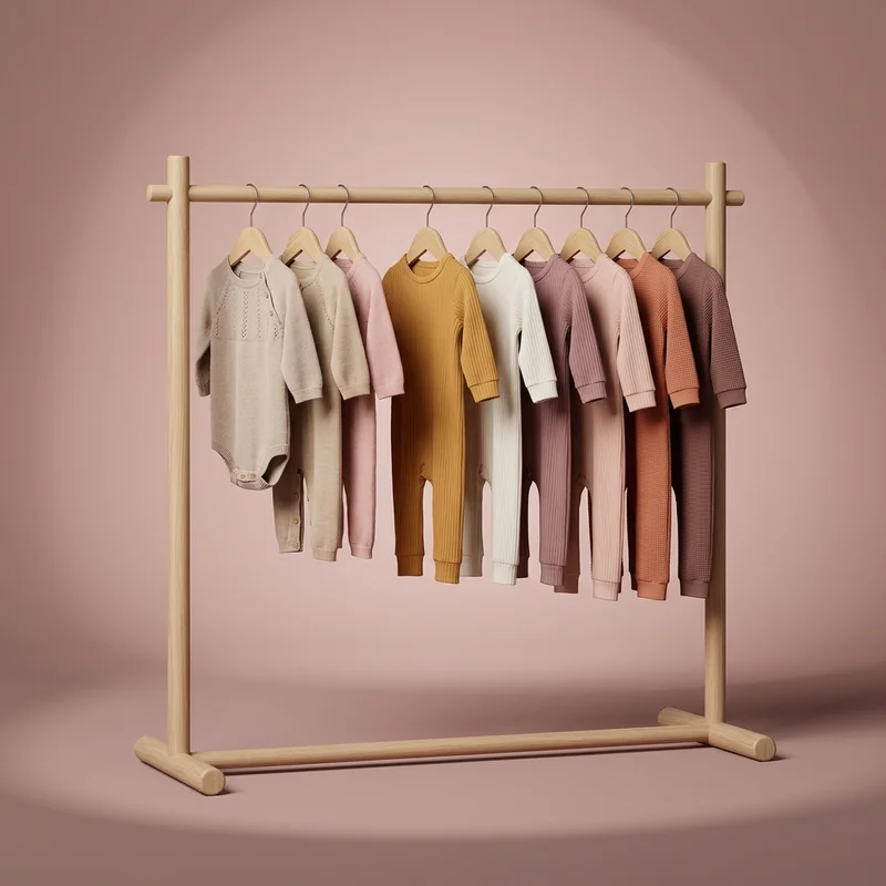 Cozy baby clothes on wooden rack