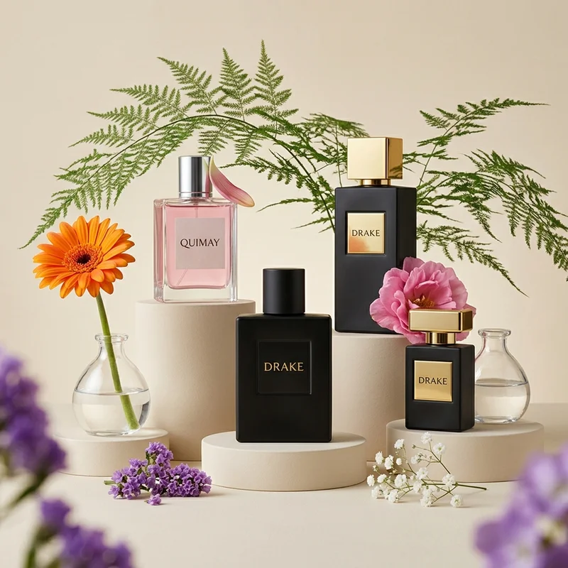 Elegant perfume collection on pedestals