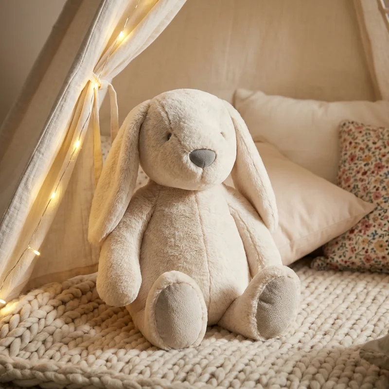 Soft plush bunny in cozy teepee