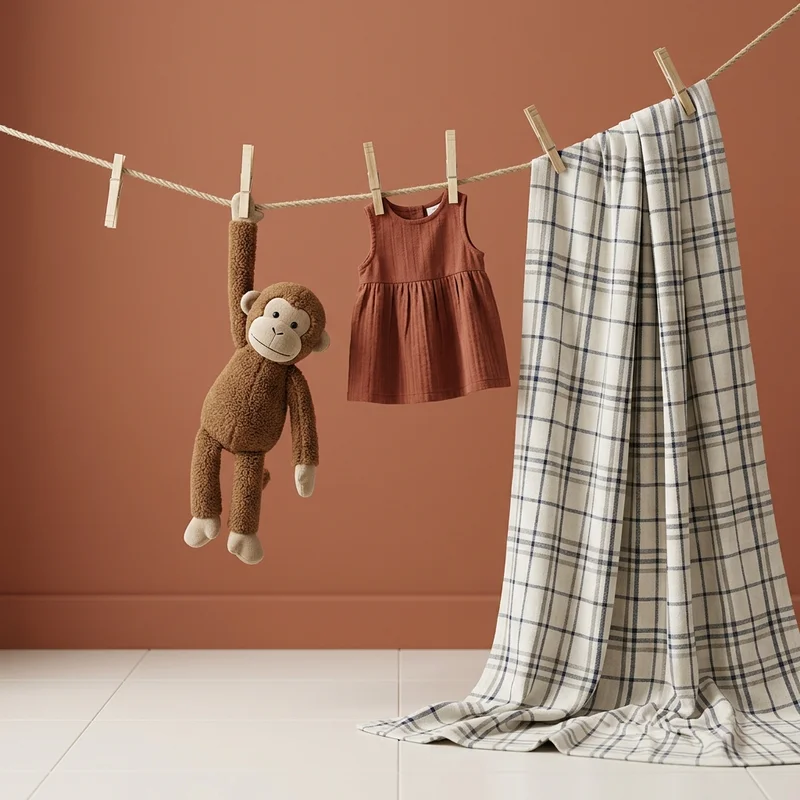 Playful baby items on clothesline