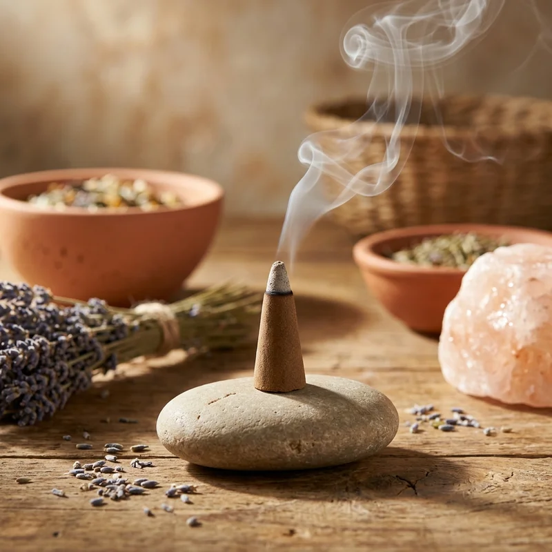 Aromatic incense scene on stone