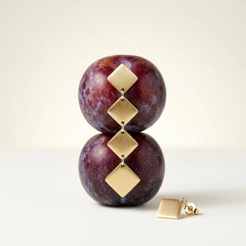 Geometric gold earrings on plums