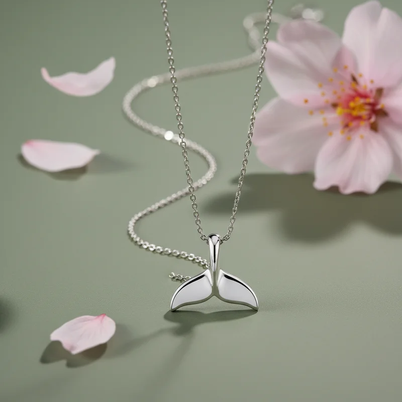 Silver whale tail necklace with petals