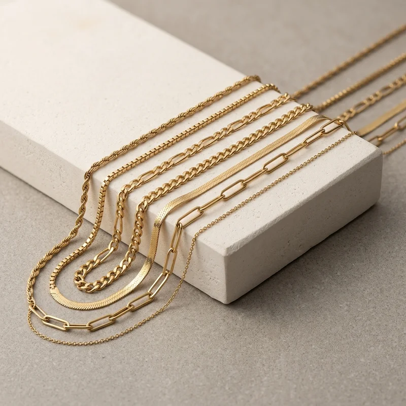 Layered gold chains on stone block