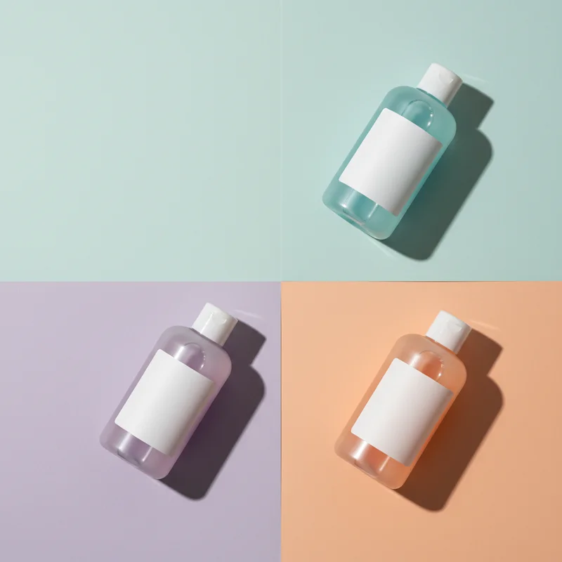 Pastel skincare bottles flat lay