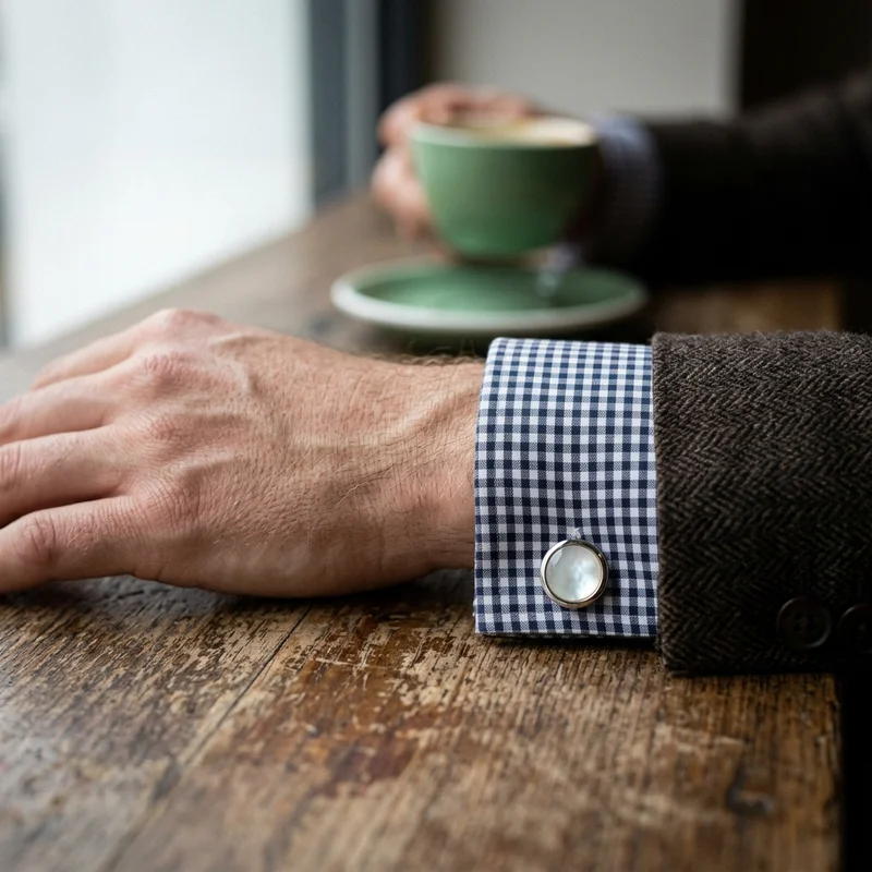Classic cufflink on tweed and gingham