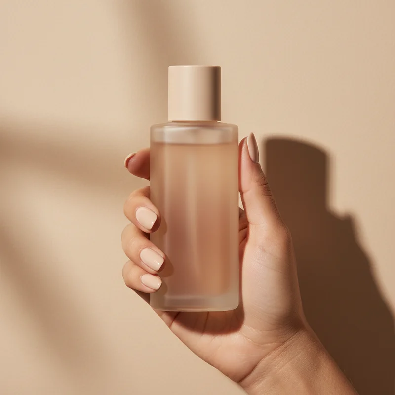 Hand holding frosted skincare bottle