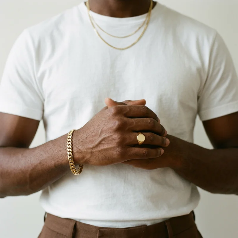 Male model wearing gold jewelry
