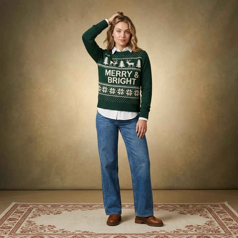 Festive green knit sweater outfit